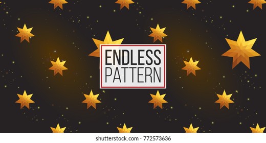 Gold polygonal shape: magic star on black sparkle background. Lowpoly seamless pattern in hipster triangle low poly style. Golden background for vip, gift, website luxury design