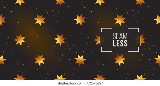 Gold polygonal shape: magic star on black sparkle background. Lowpoly seamless pattern in hipster triangle low poly style. Golden background for vip, gift, website luxury design