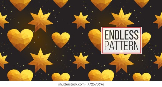 Gold polygonal shape: magic star and golden heart on black sparkle background. Lowpoly seamless pattern in hipster triangle low poly style. Golden background for vip, gift, website luxury design