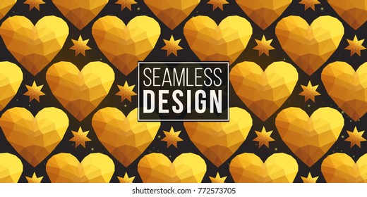 Gold polygonal shape: magic star and golden heart on black sparkle background. Lowpoly seamless pattern in hipster triangle low poly style. Golden background for vip, gift, website luxury design