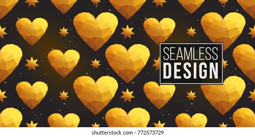 Gold polygonal shape: magic star and golden heart on black sparkle background. Lowpoly seamless pattern in hipster triangle low poly style. Golden background for vip, gift, website luxury design