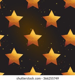 Gold polygonal shape: pentagram on black gold sparkle background. Gold polygonal seamless pattern in hipster triangle low poly style. Gold background for vip, gift, website luxury design