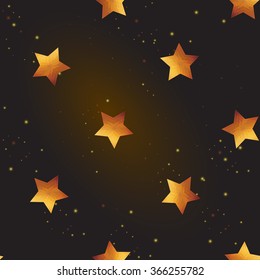 Gold polygonal shape: pentagram on black gold sparkle background. Gold polygonal seamless pattern in hipster triangle low poly style. Gold background for vip, gift, website luxury design