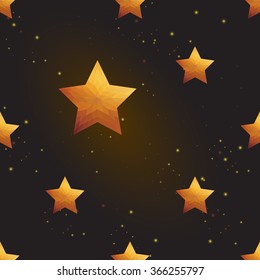 Gold polygonal shape: pentagram on black gold sparkle background. Gold polygonal seamless pattern in hipster triangle low poly style. Gold background for vip, gift, website luxury design