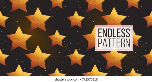 Gold polygonal shape: pentagram on black sparkle background. Lowpoly seamless pattern in hipster triangle low poly style. Golden background for vip, gift, website luxury design