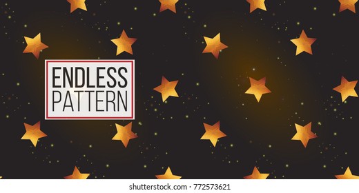 Gold polygonal shape: pentagram on black sparkle background. Lowpoly seamless pattern in hipster triangle low poly style. Golden background for vip, gift, website luxury design