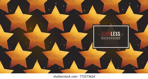 Gold polygonal shape: pentagram on black sparkle background. Lowpoly seamless pattern in hipster triangle low poly style. Golden background for vip, gift, website luxury design