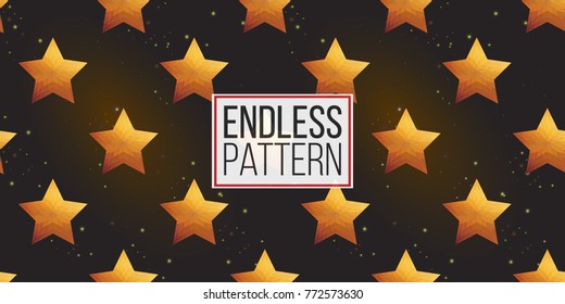 Gold polygonal shape: pentagram on black sparkle background. Lowpoly seamless pattern in hipster triangle low poly style. Golden background for vip, gift, website luxury design