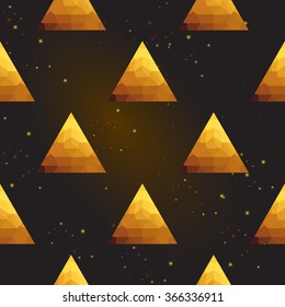 Gold polygonal shape: pyramid on black gold sparkle background. Gold polygonal seamless pattern in hipster triangle low poly style. Gold background for vip, gift, website luxury design