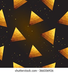 Gold polygonal shape: pyramid on black gold sparkle background. Gold polygonal seamless pattern in hipster triangle low poly style. Gold background for vip, gift, website luxury design