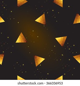 Gold polygonal shape: pyramid on black gold sparkle background. Gold polygonal seamless pattern in hipster triangle low poly style. Gold background for vip, gift, website luxury design