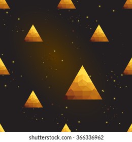 Gold polygonal shape: pyramid on black gold sparkle background. Gold polygonal seamless pattern in hipster triangle low poly style. Gold background for vip, gift, website luxury design