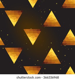 Gold polygonal shape: pyramid on black gold sparkle background. Gold polygonal seamless pattern in hipster triangle low poly style. Gold background for vip, gift, website luxury design