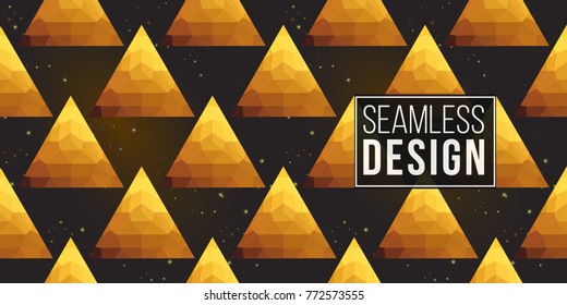 Gold polygonal shape: pyramid on black sparkle background. Lowpoly seamless pattern in hipster triangle low poly style. Golden background for vip, gift, website luxury design