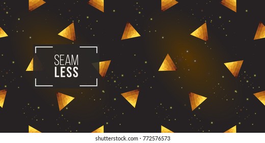 Gold polygonal shape: pyramid on black sparkle background. Lowpoly seamless pattern in hipster triangle low poly style. Golden background for vip, gift, website luxury design