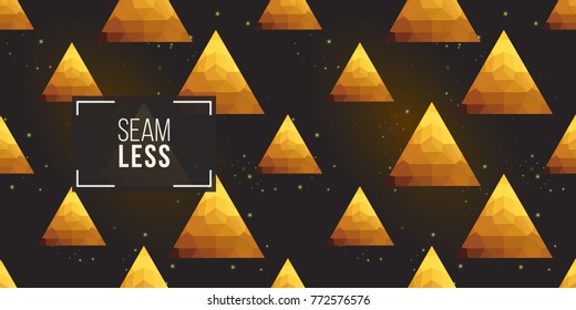 Gold polygonal shape: pyramid on black sparkle background. Lowpoly seamless pattern in hipster triangle low poly style. Golden background for vip, gift, website luxury design