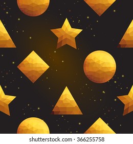 Gold polygonal shape: pyramid, rhombus, circle, star on black gold sparkle background. Gold polygonal seamless pattern in hipster triangle lowpoly style. Gold background for vip website luxury design