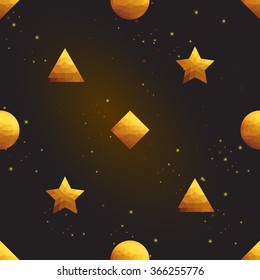 Gold polygonal shape: pyramid, rhombus, circle, star on black gold sparkle background. Gold polygonal seamless pattern in hipster triangle lowpoly style. Gold background for vip website luxury design