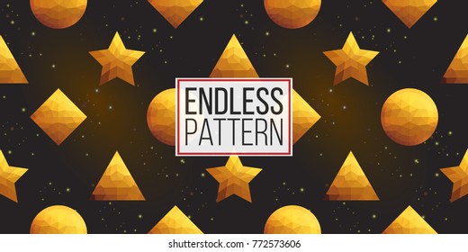 Gold polygonal shape: pyramid, rhombus, circle, russian star on black sparkle background. Lowpoly seamless pattern in hipster triangle low poly style.