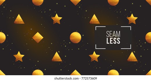 Gold polygonal shape: pyramid, rhombus, circle, russian star on black sparkle background. Lowpoly seamless pattern in hipster triangle low poly style.