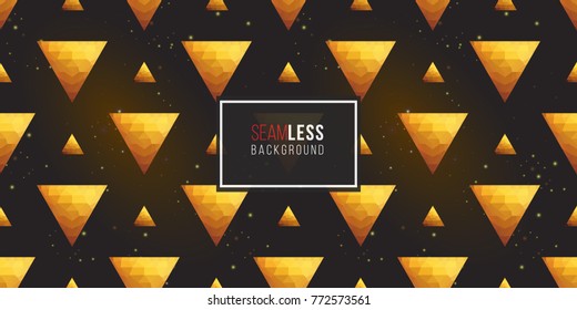 Gold polygonal shape: pyramid and triangle on black sparkle background. Lowpoly seamless pattern in hipster triangle low poly style. Golden background for vip, gift, website luxury design