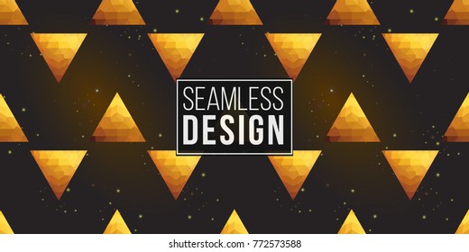 Gold polygonal shape: pyramid and triangle on black sparkle background. Lowpoly seamless pattern in hipster triangle low poly style. Golden background for vip, gift, website luxury design