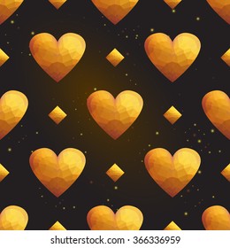 Gold polygonal shape: rhombus, heart, star, star on black gold sparkle background. Gold polygonal seamless pattern in hipster triangle low poly style. Gold background for gift, website luxury design