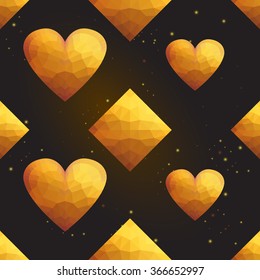 Gold polygonal shape: rhombus, heart, star on black gold sparkle background. Gold polygonal seamless pattern in hipster triangle low poly style. Gold background for vip, gift, website luxury design