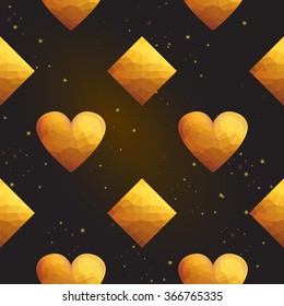 Gold polygonal shape: rhombus, heart, star on black gold sparkle background. Gold polygonal seamless pattern in hipster triangle low poly style. Gold background for vip, gift, website luxury design
