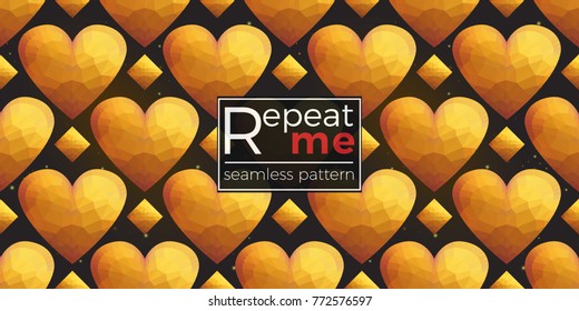 Gold polygonal shape: rhombus, heart, star, magic star on black sparkle background. Lowpoly seamless pattern in hipster triangle low poly style. Golden background for vip, gift, website luxury design