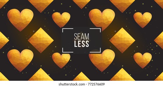 Gold polygonal shape: rhombus, heart, star, magic star on black sparkle background. Lowpoly seamless pattern in hipster triangle low poly style. Golden background for vip, gift, website luxury design