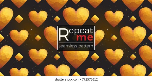 Gold polygonal shape: rhombus, heart, star, magic star on black sparkle background. Lowpoly seamless pattern in hipster triangle low poly style. Golden background for vip, gift, website luxury design