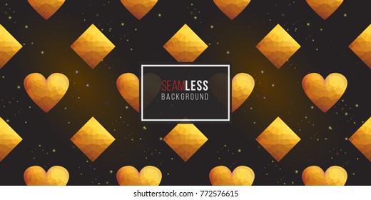 Gold polygonal shape: rhombus, heart, star, magic star on black sparkle background. Lowpoly seamless pattern in hipster triangle low poly style. Golden background for vip, gift, website luxury design