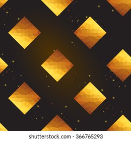 Gold polygonal shape: rhombus on black gold sparkle background. Gold polygonal seamless pattern in hipster triangle low poly style. Gold background for vip, gift, website luxury design