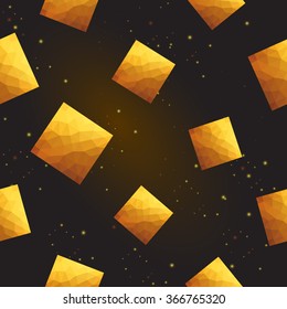 Gold polygonal shape: rhombus on black gold sparkle background. Gold polygonal seamless pattern in hipster triangle low poly style. Gold background for vip, gift, website luxury design