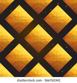 Gold polygonal shape: rhombus on black gold sparkle background. Gold polygonal seamless pattern in hipster triangle low poly style. Gold background for vip, gift, website luxury design
