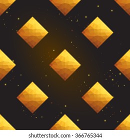 Gold polygonal shape: rhombus on black gold sparkle background. Gold polygonal seamless pattern in hipster triangle low poly style. Gold background for vip, gift, website luxury design