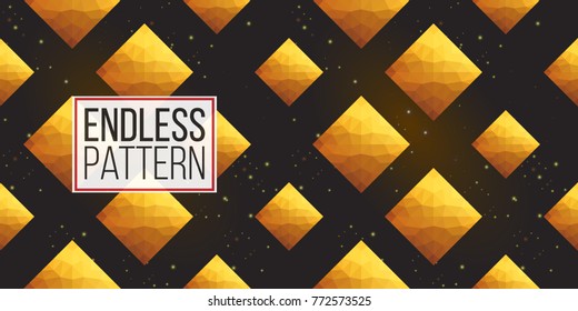 Gold polygonal shape: rhombus on black sparkle background. Lowpoly seamless pattern in hipster triangle low poly style. Golden background for vip, gift, website luxury design