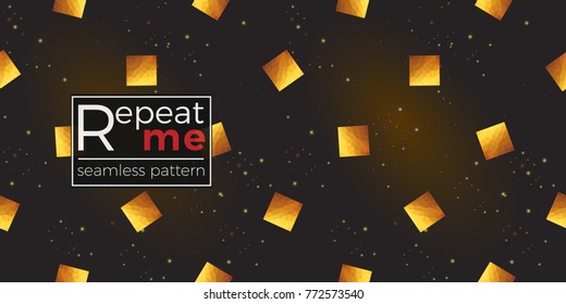 Gold polygonal shape: rhombus on black sparkle background. Lowpoly seamless pattern in hipster triangle low poly style. Golden background for vip, gift, website luxury design