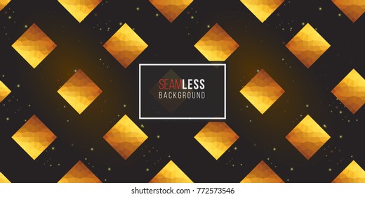 Gold polygonal shape: rhombus on black sparkle background. Lowpoly seamless pattern in hipster triangle low poly style. Golden background for vip, gift, website luxury design