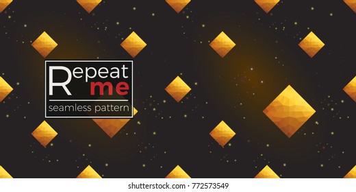 Gold polygonal shape: rhombus on black sparkle background. Lowpoly seamless pattern in hipster triangle low poly style. Golden background for vip, gift, website luxury design