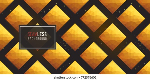 Gold polygonal shape: rhombus on black sparkle background. Lowpoly seamless pattern in hipster triangle low poly style. Golden background for vip, gift, website luxury design