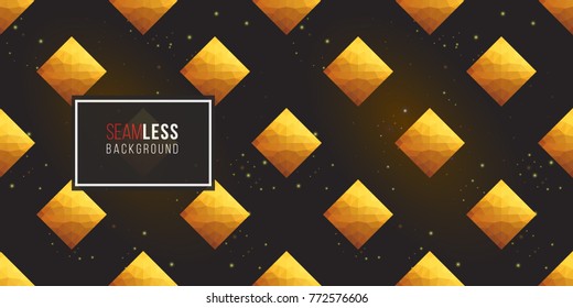 Gold polygonal shape: rhombus on black sparkle background. Lowpoly seamless pattern in hipster triangle low poly style. Golden background for vip, gift, website luxury design