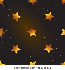 Gold polygonal shape: russian star on black gold sparkle background. Gold polygonal seamless pattern in hipster triangle low poly style. Gold background for vip, gift, website luxury design