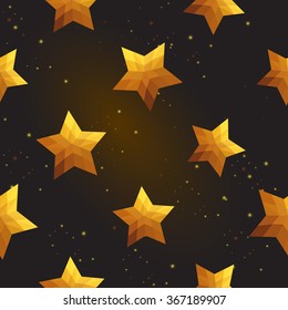 Gold polygonal shape: russian star on black gold sparkle background. Gold polygonal seamless pattern in hipster triangle low poly style. Gold background for vip, gift, website luxury design