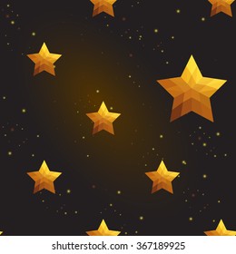Gold polygonal shape: russian star on black gold sparkle background. Gold polygonal seamless pattern in hipster triangle low poly style. Gold background for vip, gift, website luxury design