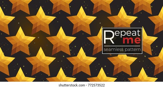 Gold polygonal shape: russian star on black sparkle background. Lowpoly seamless pattern in hipster triangle low poly style. Golden background for vip, gift, website luxury design