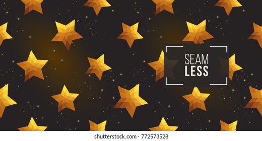 Gold polygonal shape: russian star on black sparkle background. Lowpoly seamless pattern in hipster triangle low poly style. Golden background for vip, gift, website luxury design
