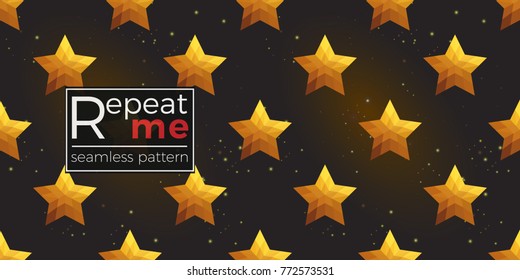 Gold polygonal shape: russian star on black sparkle background. Lowpoly seamless pattern in hipster triangle low poly style. Golden background for vip, gift, website luxury design