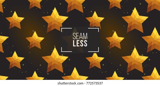 Gold polygonal shape: russian star on black sparkle background. Lowpoly seamless pattern in hipster triangle low poly style. Golden background for vip, gift, website luxury design
